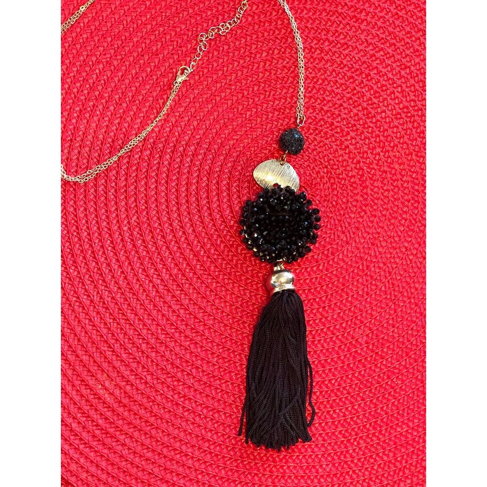 Vintage Y2K Long Black Tassel Necklace Goldtone Crystal 34" Long